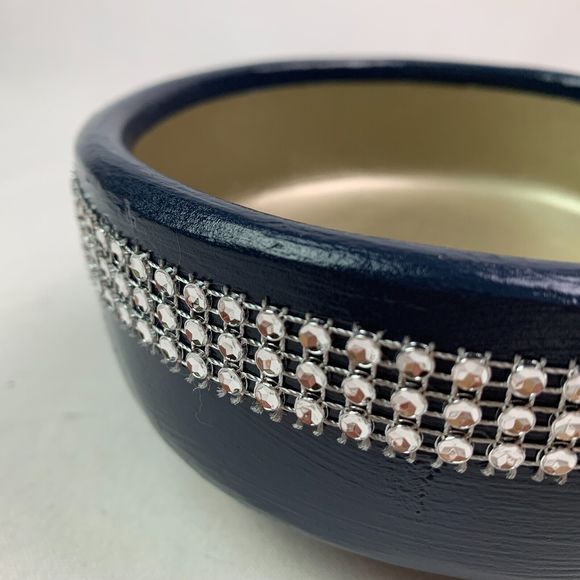 Wood Trinket Bowl Hand Painted Blue Metallic Silver Jeweled Repurposed Crafted - Picture 6 of 10
